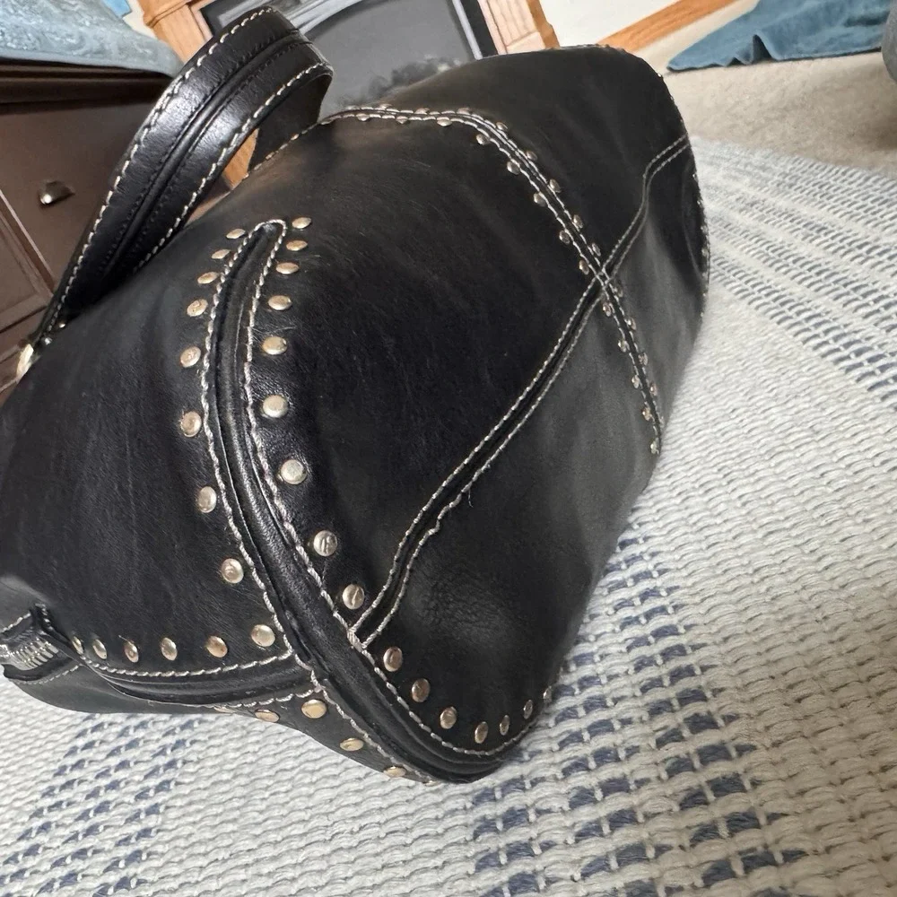 Michael Kors Astor Black Studded Leather Satchel ~ Top‑Handle Bag ~Silver Studs